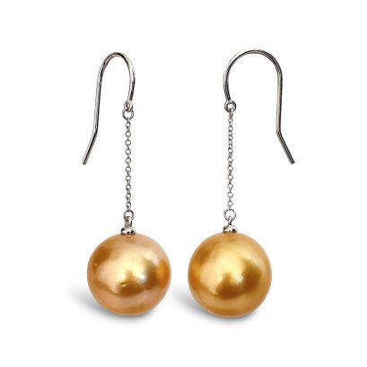 12.9 mm and 13.0 mm, Gold South Sea Pearl, Fish Hooks Chain Dangle Pearl Earrings