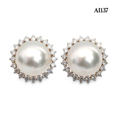 Approx. 10.0 mm, White South Sea Pearl, Pearl Halo Diamond Stud Earrings