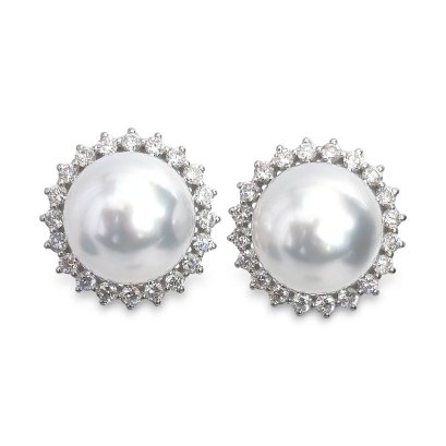 10.2 mm and 10.2 mm, White South Sea Pearl, Solitaire Pearl Halo Diamond Stud Earrings