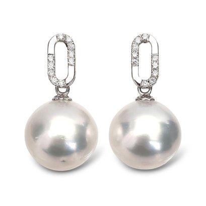 13.5 mm and 13.6 mm, White South Sea Pearl, O Ring Diamond Dangle Pearl Stud Earrings