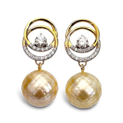 11.9 mm and 11.9 mm, Hanashinju Pearl, Gold South Sea Pearl, Double Circle Diamond Dangle Pearl Stud Earring