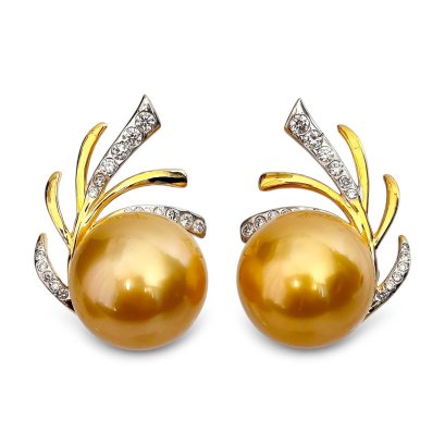 13.1 mm and 13.2 mm, Gala Gold Lot, Gold South Sea Pearl, Palm Leaf Diamond Pearl Stud Earrings