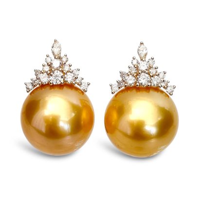 13.2 mm and 13.3 mm, Gold South Sea Pearl, Crown Diamond Pearl Stud Earrings