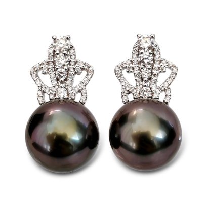 10.1 mm and 10.3 mm, Tahitian Pearl, Crown Diamond Pearl Stud Earrings