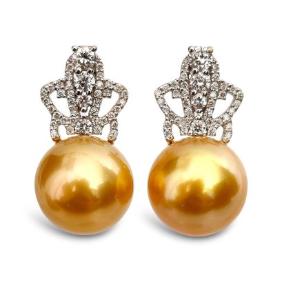 10.0 mm and 10.1 mm, Gala Gold Lot, Gold South Sea Pearl, Crown Diamond Pearl Stud Earrings