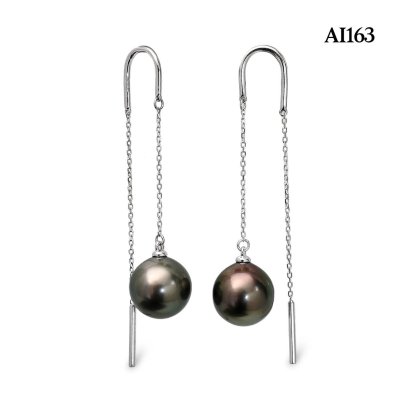 Approx. 9.0 mm, Tahitian Pearl, Threader Chain Curved Hook Dangle Pearl Earrings