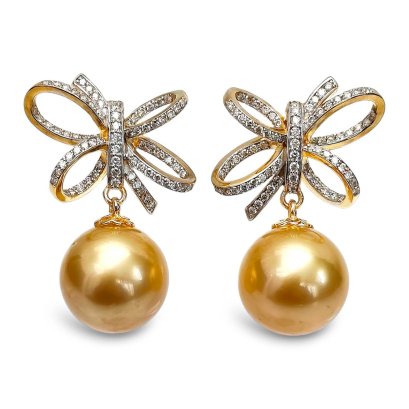 13.3 mm and 13.4 mm, Gold South Sea Pearl, Bow Diamond Paved Dangle Pearl Stud Earrings
