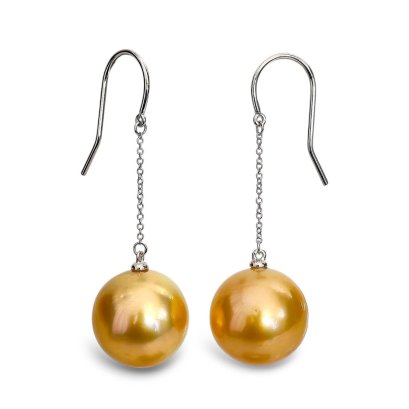 13.3 mm and 13.3 mm, Gala Gold Lot, Gold South Sea Pearl, Fish Hooks Chain Dangle Pearl Earrings