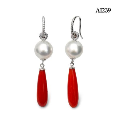9.4 mm and 9.4 mm, White South Sea Pearl, Ring Diamond Paved Dangle Pearl & Red Coral Fish Hooks Earrings