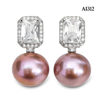 12.6 mm and 12.8 mm, Edison Pearl, CZ Radiant Cut Solitaire Pearl Earrings
