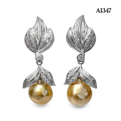 Approx. 10.0 mm, Gold South Sea Pearl, The Flame Dangle Pearl Stud Earrings