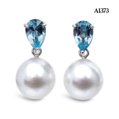 Approx. 10.5 mm, White South Sea Pearl, Drop Sky Blue Topaz Dangle Pearl Stud Earrings