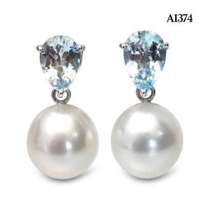 10.4 mm and 10.5 mm, White South Sea Pearl, Aquamarine Light Drop Dangle Pearl Stud Earrings