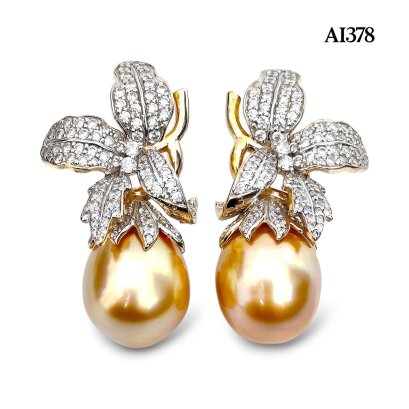 Approx. 13.0 - 14.0 mm, Gold South Sea Pearl, Lily CZ Paved Pearl Stud Earrings
