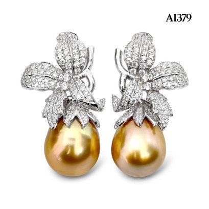 13.9 mm and 14.2 mm, Gold South Sea Pearl, Lily CZ Paved Pearl Stud Earrings