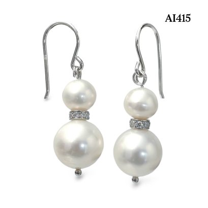 Approx. 7.0 mm and 10.0 mm, Freshwater Pearl, Double Pearl Fish Hooks Earrings