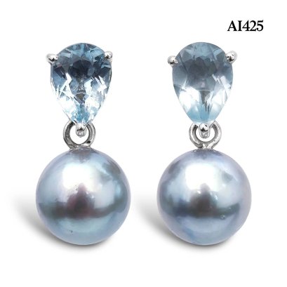 Approx. 8.0 mm, Blue Rose, Akoya Pearl, Aquamarine Drop Shaped Dangle Pearl Stud Earrings