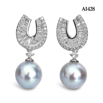 Approx. 8.0 mm, Blue Rose, Akoya Pearl, Horseshoe CZ Paved Dangle Pearl Stud Earrings