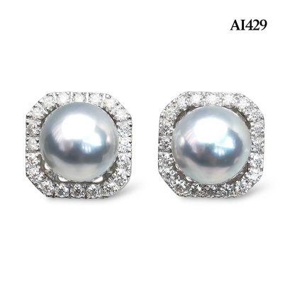 Approx. 8.0 mm, Blue Rose, Akoya Pearl, Stud Pearl Earrings with Square Halo Moissanite Jacket