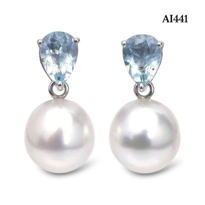 Approx. 9.0 mm, White South Sea Pearl, Aquamarine Dark Drop Shaped Dangle Pearl Stud Earrings