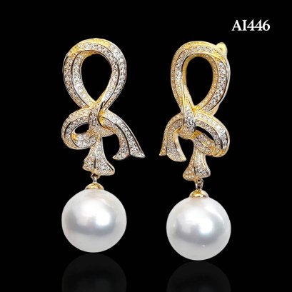 Approx. 13.0 mm, White South Sea Pearl, Bow CZ Paved Dangle Pearl Latch Back Earrings