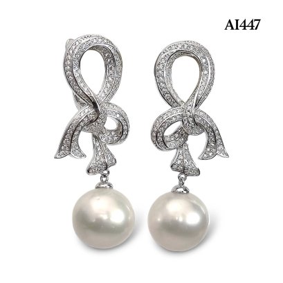 Approx. 13.0 mm, White South Sea Pearl, Bow CZ Paved Dangle Pearl Latch Back Earrings