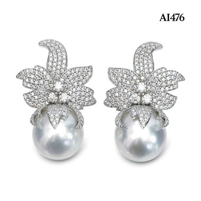 13.0 mm and 13.2 mm, White South Sea Pearl, Orchid Moissanite Paved Pearl Stud Earrings