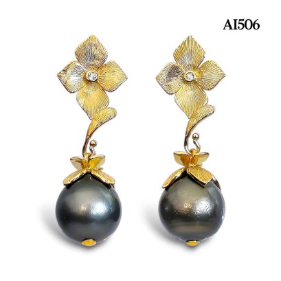 14.6 mm and 14.7 mm, Tahitian Pearl, Flower Dangle Pearl Stud Earrings