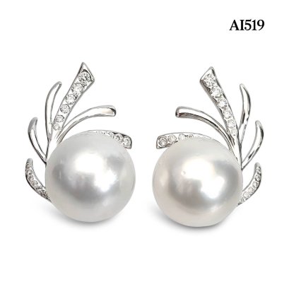13.0 mm and 13.0 mm, White South Sea Pearl, Plume Diamond Paved Pearl Stud Earrings