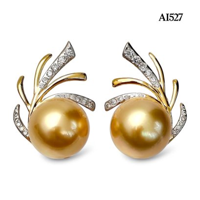 Approx. 12.0 mm up, Gold South Sea Pearl, Plume Diamond Paved Pearl Stud Earrings