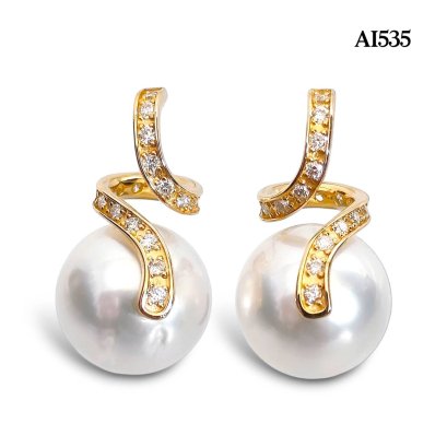 9.2 mm and 9.3 mm, White South Sea Pearl, Spiral Ribbon Diamond Paved Pearl Stud Earrings