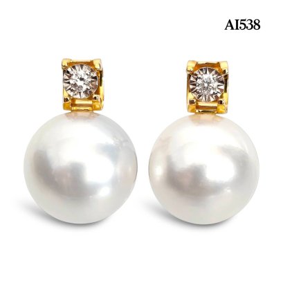 11.3 mm and 11.5 mm, White South Sea Pearl, C Clamp Solitaire Diamond Pearl Stud Earrings