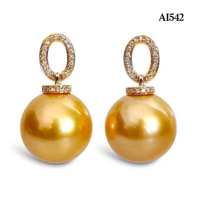 12.4 mm and 12.4 mm, Gold South Sea Pearl, O Ring Diamond Pave Dangle Pearl Stud Earrings