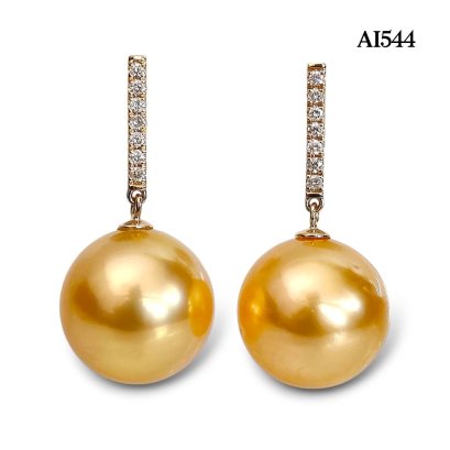 12.6 mm and 12.8 mm, Gold South Sea Pearl, Diamond Row Dangle Pearl Stud Earrings