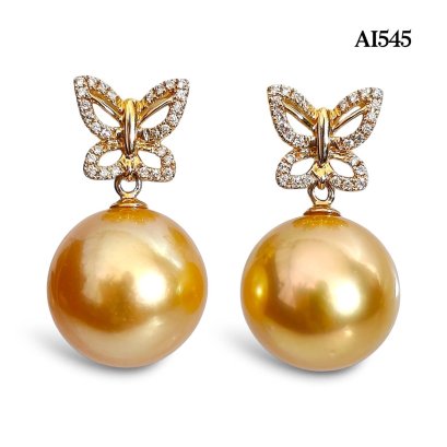 Approx. 12.1 mm and 12.3 mm, Gold South Sea Pearl, Stencil Butterfly Diamond Paved Dangle Pearl Stud Earrings