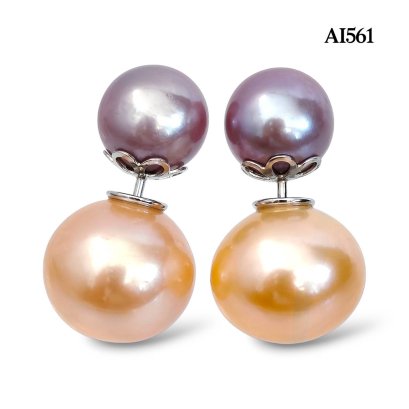 Approx. 10.0 mm - 15.0 mm, Edison Pearl, Front Back Double Pearl Stud Earrings