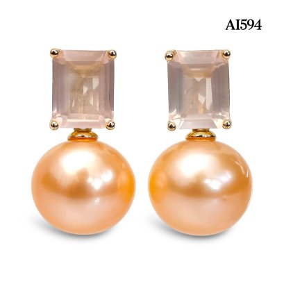 13.3 mm and 13.5 mm, Edison Pearl, Petra Pakasia Rose Quartz Hook with Dangle Pearl Stud Earrings