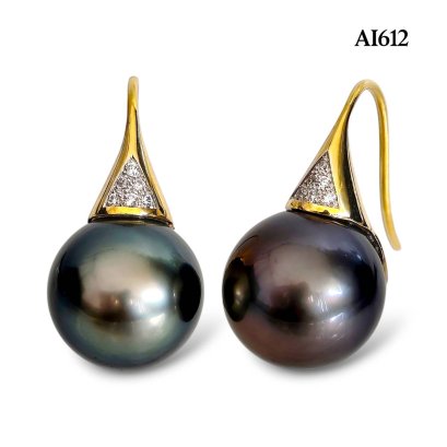 Approx. 12.5 mm up, Tahitian Pearl, Fish Hooks CZ Paved Pearl Earrings