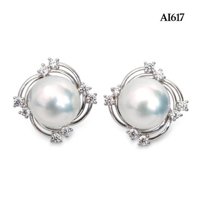 Approx. 10.0 mm, Edison Pearl, Solitaire Pearl Comet CZ Halo Stud Earrings