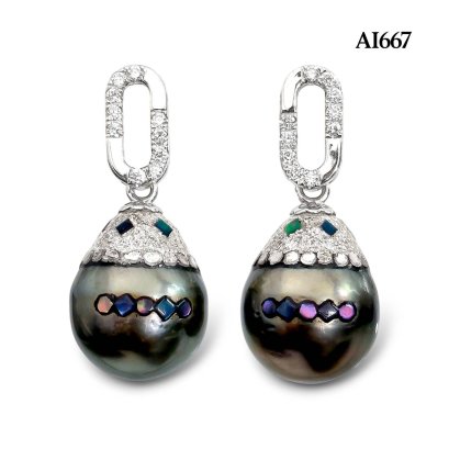 11.5 mm and 11.6 mm, Maki-e Pearl, Tahitian Pearl, O Ring Diamond Dangle Pearl Stud Earrings