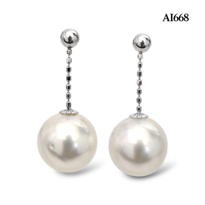 Approx. 9.0 mm, White South Sea Pearl, Dot Chain Dangle Pearl Stud Earrings