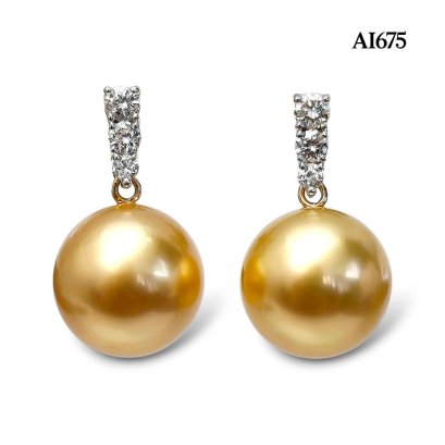 10.2 mm and 10.3 mm, Palawan Elite Lot, Gold South Sea Pearl, Three Diamond Row Pearl Stud Earrings