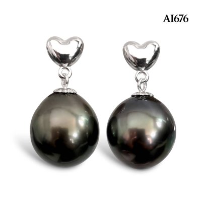 Approx. 9.0 mm, Tahitian Pearl, Heart Dangle Pearl Stud Earrings