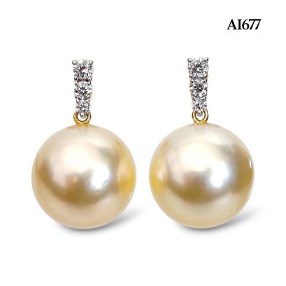 12.5 mm and 12.5 mm, Gold South Sea Pearl, Tree Diamonds Row Pearl Stud Earrings