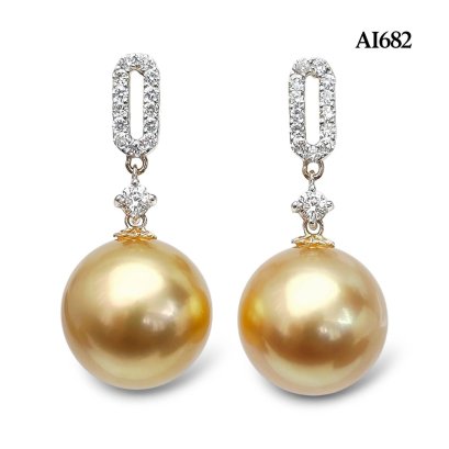 10.3 mm and 10.4 mm, Gold South Sea Pearl, O Ring Diamond Paved Dangle Pearl Stud Earrings