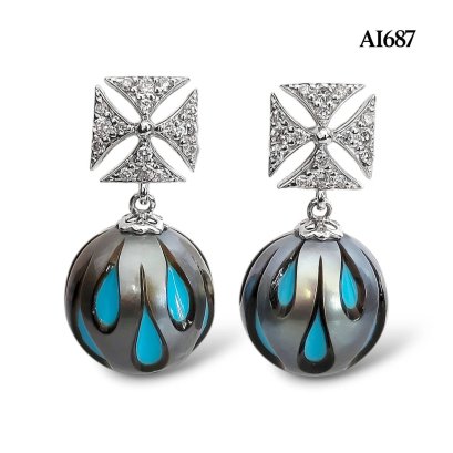 11.0 mm and 11.1 mm, Galatea Pearl, Tahitian Pearl, Vivian Diamond Dangle Pearl Stud Earrings