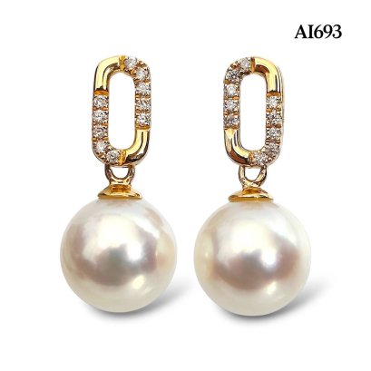 Approx. 7.5 mm up, Moonlight Lot, Akoya Pearl, O Ring Diamond Paved Dangle Pearl Stud Earrings