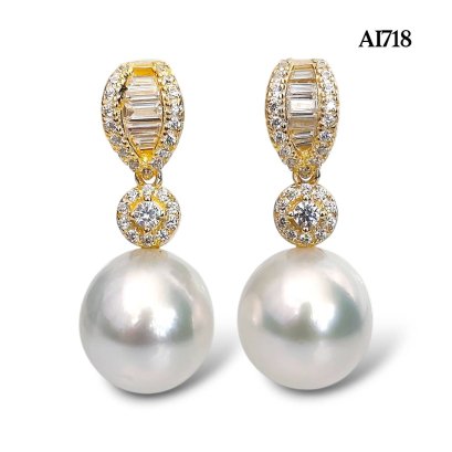 Approx. 10.0 mm, White South Sea Pearl, Sail CZ Paved Dangle Pearl Stud Earrings