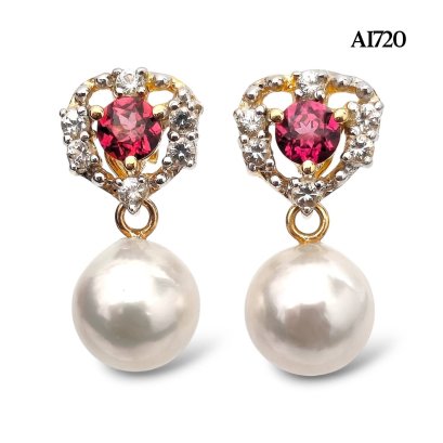 Approx. 8.0 mm, Akoya Pearl, Garnet Halo White Topaz Stud Earrings with Pearl Jacket