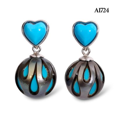 11.0 mm and 11.5 mm, Galatea Pearl, Tahitian Pearl, Heart Turquoise Dangle Pearl Stud Earrings